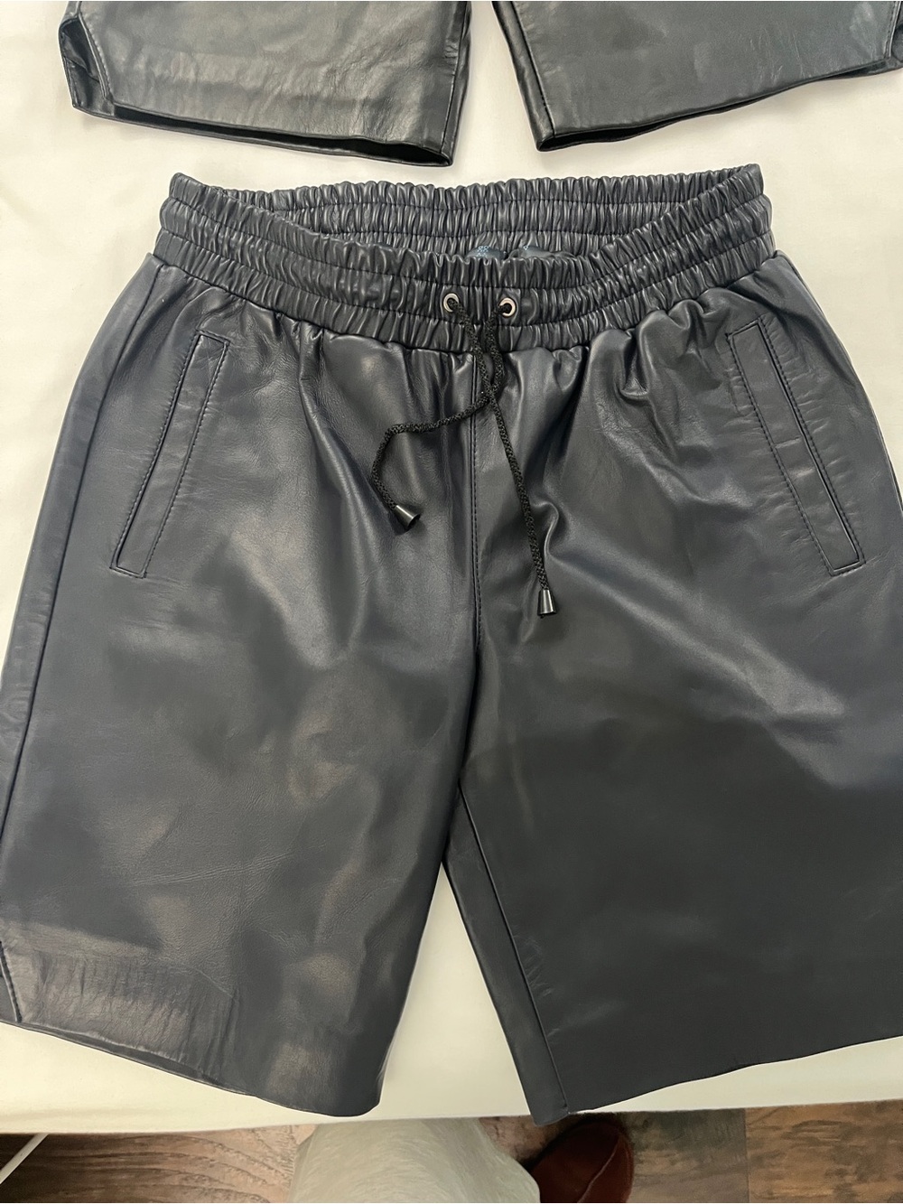 Men's Black Faux Leather Drawstring Shorts